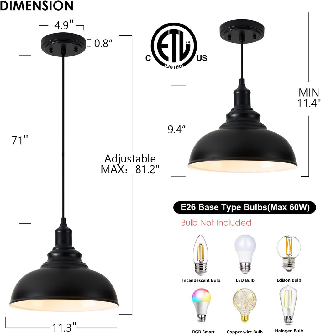 Black Farmhouse Dome Pendant Lights 3 Pack
