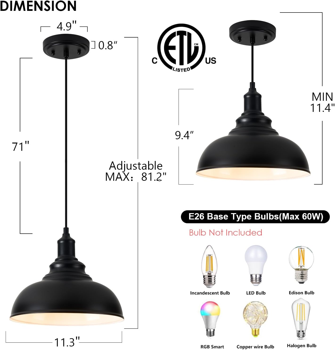 Black Farmhouse Dome Pendant Lights 3 Pack