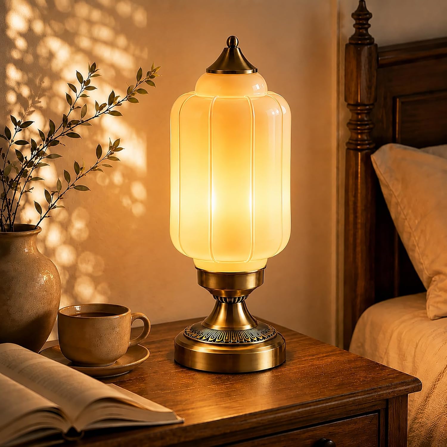 Vintage Brass Glass Shade Table Lamp