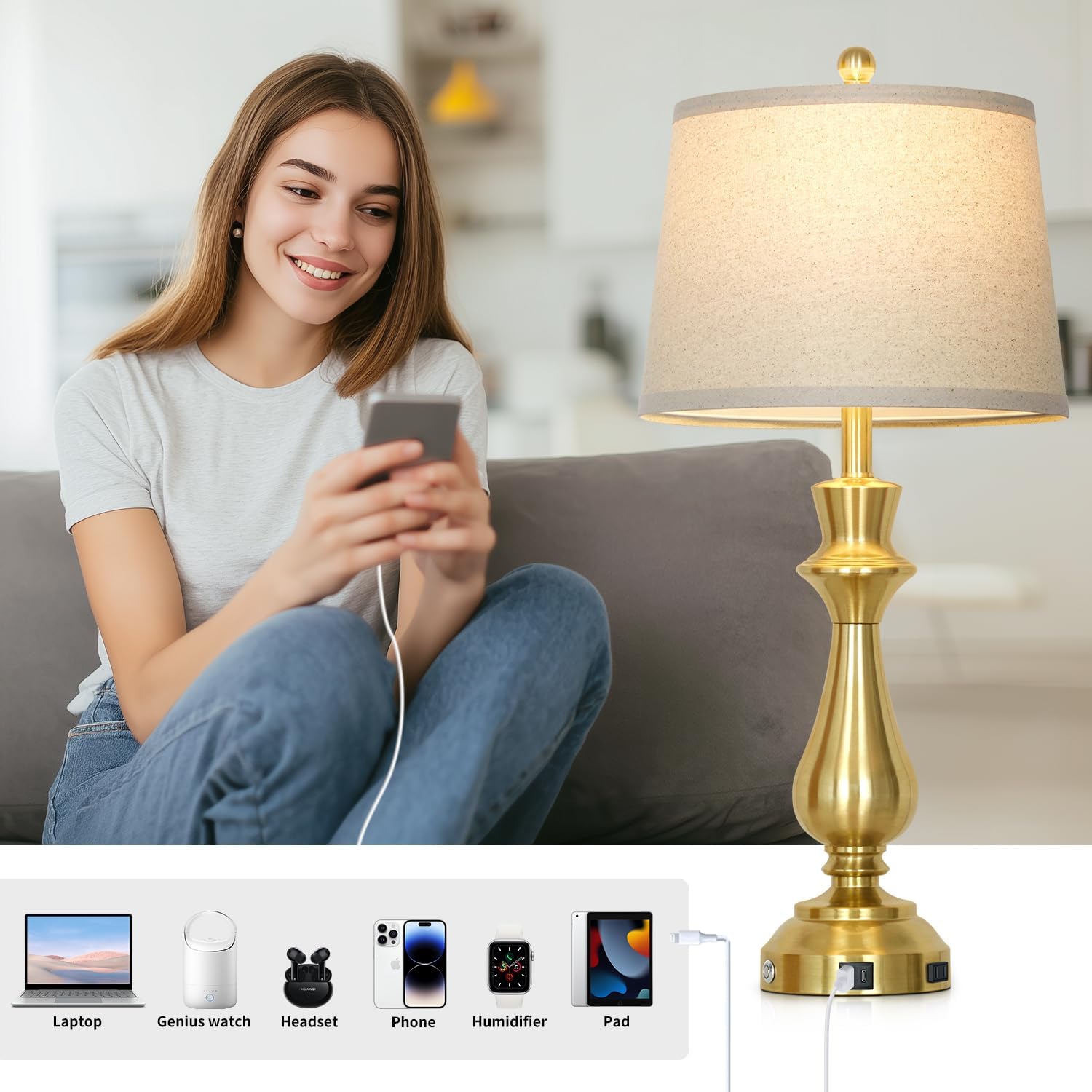 Dimmable Gold USB Table Lamps Set