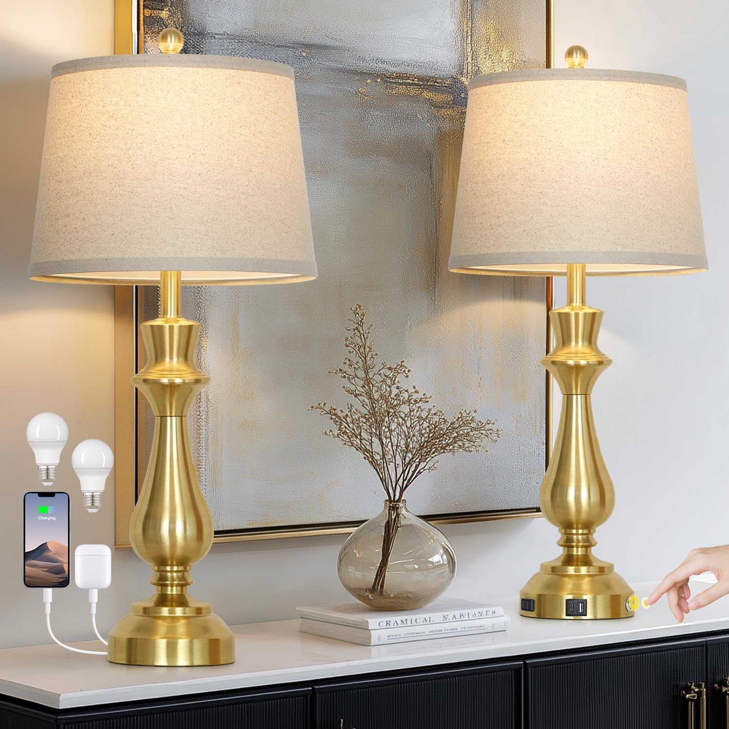 Dimmable Gold USB Table Lamps Set